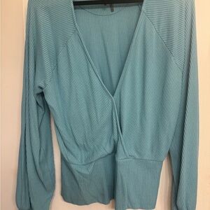 Anthropologie Ribbed V-Neck Blouse - Light Blue